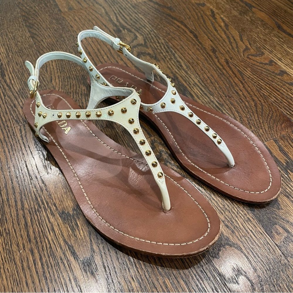 PRADA White Patent Leather Gold Studded Sandals - Picture 2 of 14